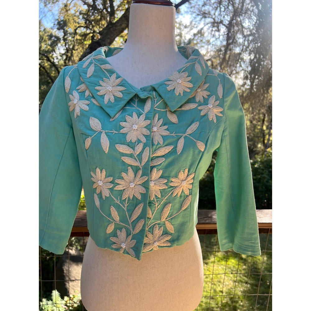Vintage Plenty by Tracy Reese Anthropologie Embroidered Linen Cotton Jacket Mint